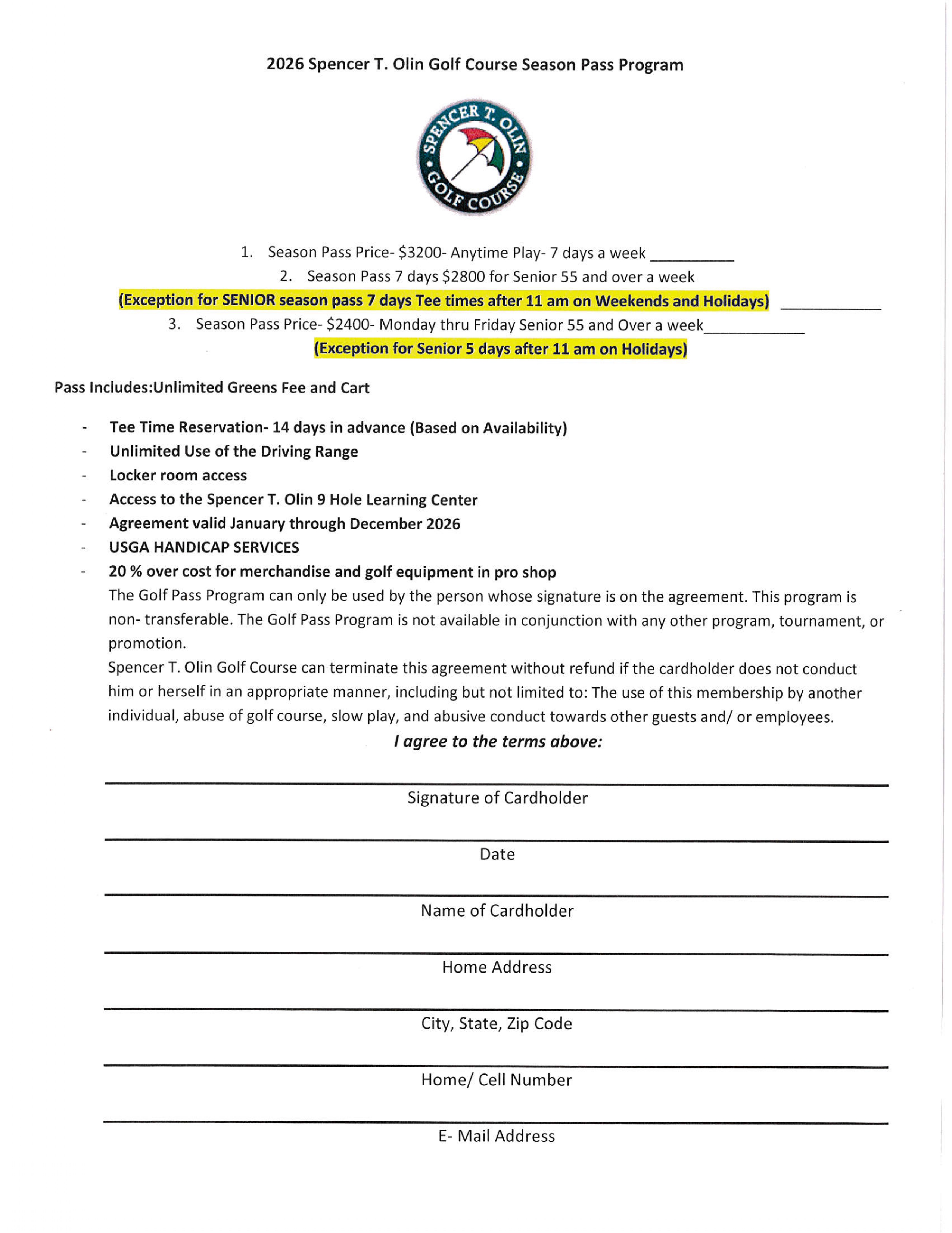 2026 Spencer T. Olin Golf Course Season Pass Program