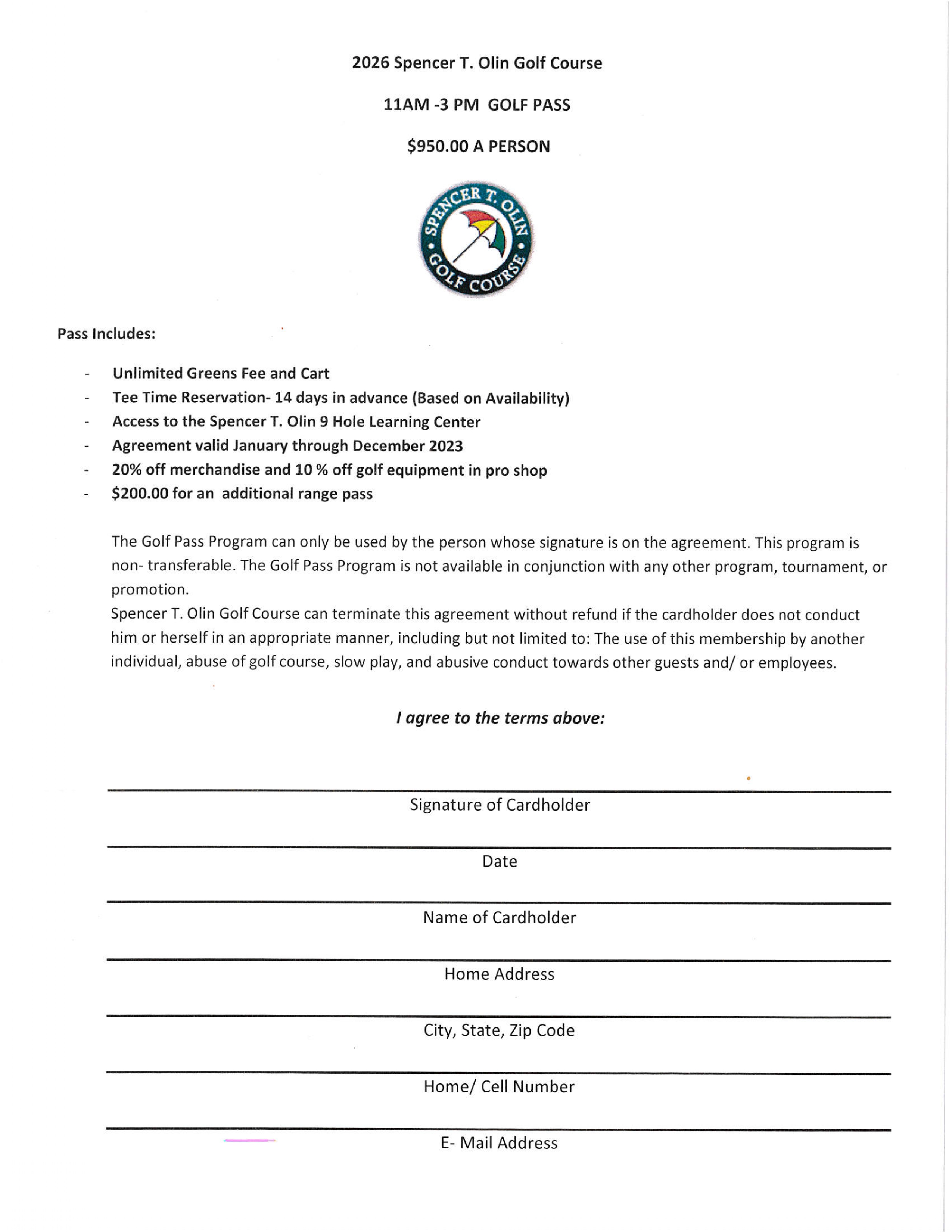 2026 Spencer T. Olin Golf Course Season Pass Program