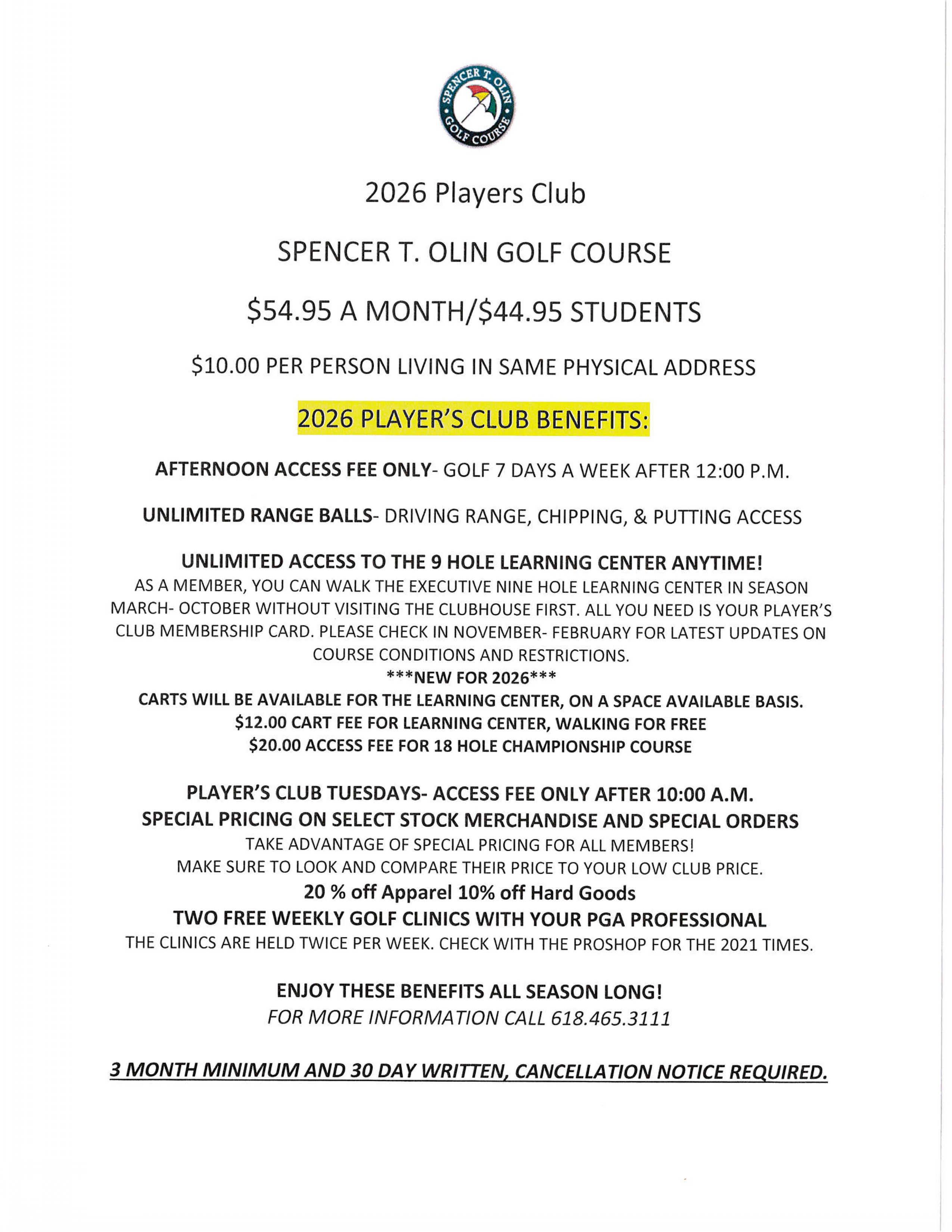 2026 Spencer T. Olin Golf Course Season Pass Program